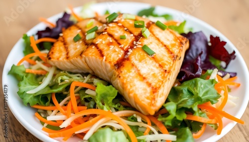 Flaked grilled salmon is beautifully arranged on a bed of mixed greens, shredded cabbage, and julienned carrots. 