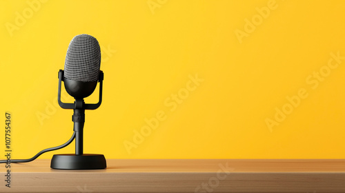 Vintage-style black microphone on a wooden table with bright yellow background, capturing a retro communication theme in a minimalist setting.