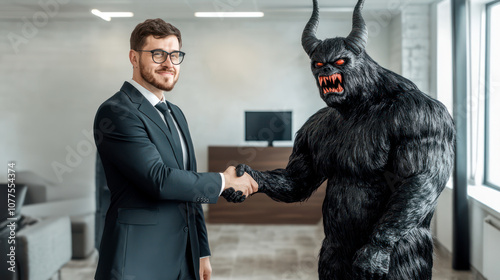 Greedy manager sell his immortal soul to devil for money and success