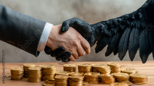 Businessman shakes hand with black demon over golden coins