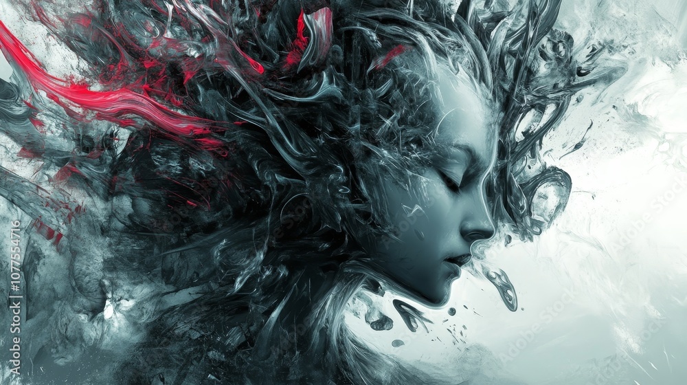 Fototapeta premium Surreal Portrait of Woman with Abstract Smoke and Red Accents in Ethereal Style