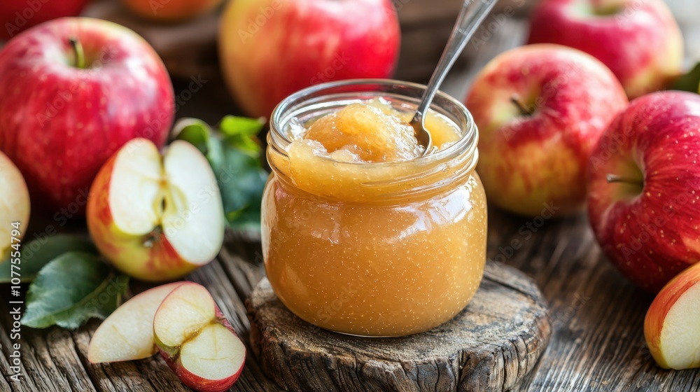 Freshly Made Applesauce in a Jar with a Spoonful on a Rustic Wooden Surface Surrounded by Juicy Red Apples and Fresh Apple Halves Freshly Made Applesauce in a Jar with a Spoonful on a Rustic Wooden Surface Surrounded by Juicy Red Apples and Fresh Apple Halves