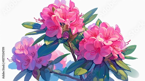 Watercolor Painting of Pink Flowers with Green Leaves