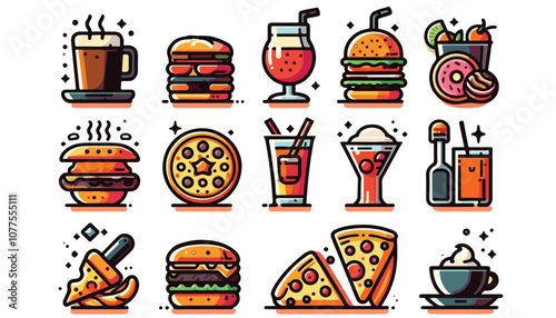 A set of food and beverage icons featuring popular items like coffee cups, burgers, pizza, cocktails, and desserts