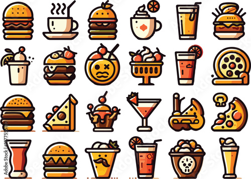 A set of food and beverage icons featuring popular items like coffee cups, burgers, pizza, cocktails, and desserts