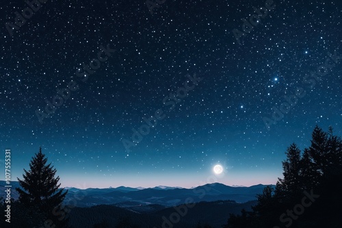 A beautiful night sky with a full moon rising over a mountain range. The silhouettes of trees line the foreground, and the stars shine brightly in the dark blue sky.