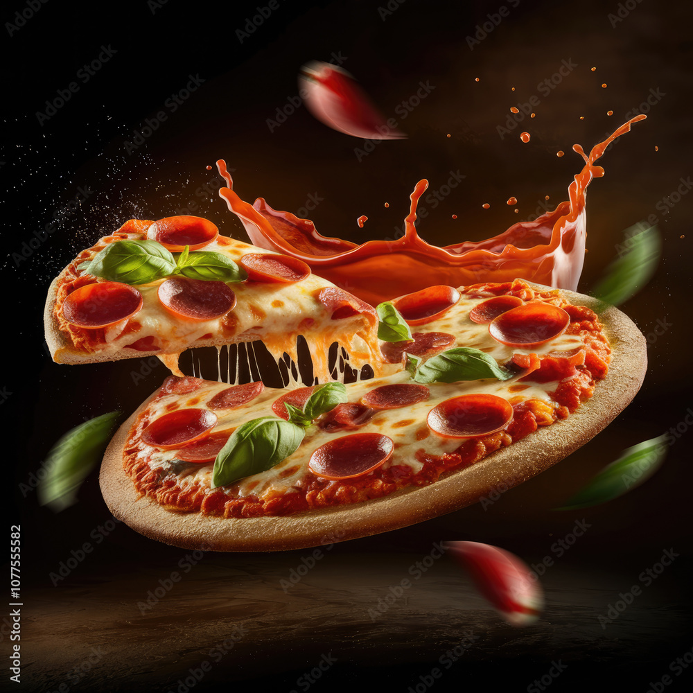 Φωτογραφία A slice of pepperoni pizza is shown with a splash of red sauce