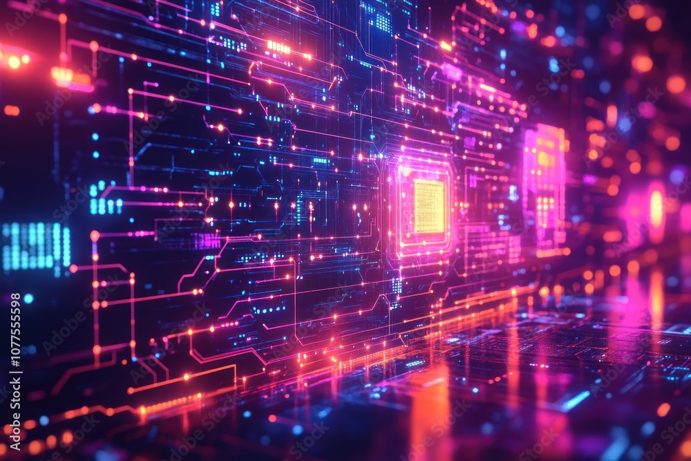 Abstract digital circuit board with glowing lines and a central processor. Abstract digital circuit board with glowing lines and a central processor.