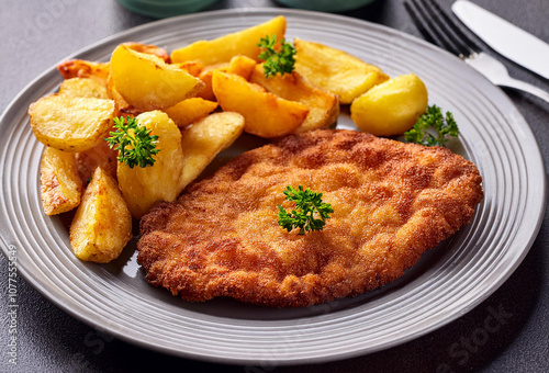 Schnitzel with french fries, salad and tomatoes