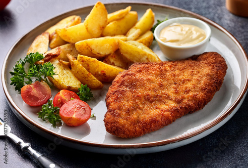 Schnitzel with french fries, salad and tomatoes