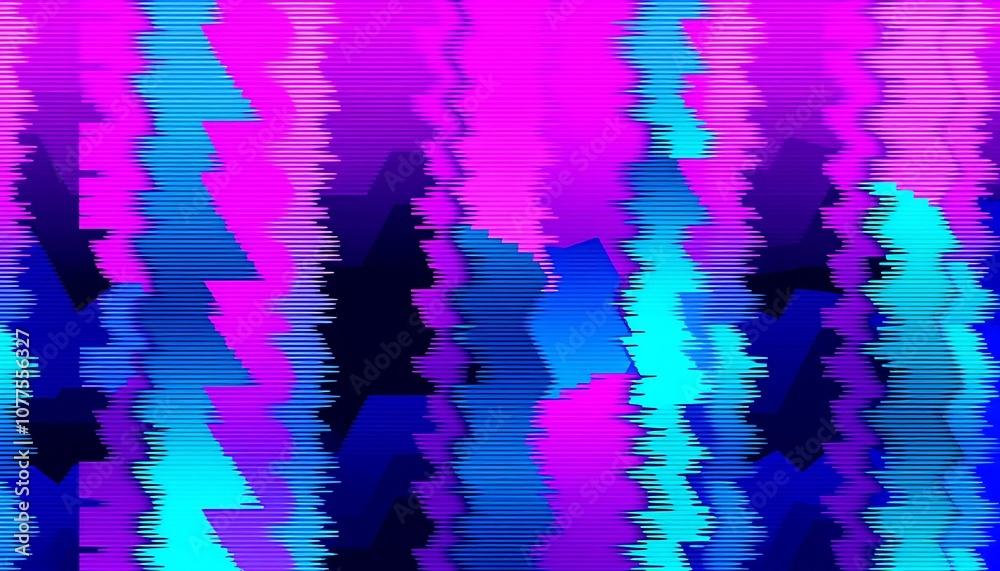 Fototapeta premium Interference patterns of neon pinks, blues, and greens overlap in jagged, glitch-like forms.