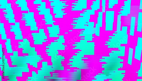 Interference patterns of neon pinks, blues, and greens overlap in jagged, glitch-like forms.