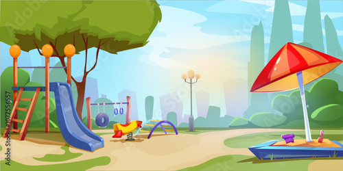 Vector illustration of vibrant childrens playground scene featuring slides, swings, seesaw, sandbox with umbrella, and lush greenery. Ideal for designs related to kids, outdoor activities, parks