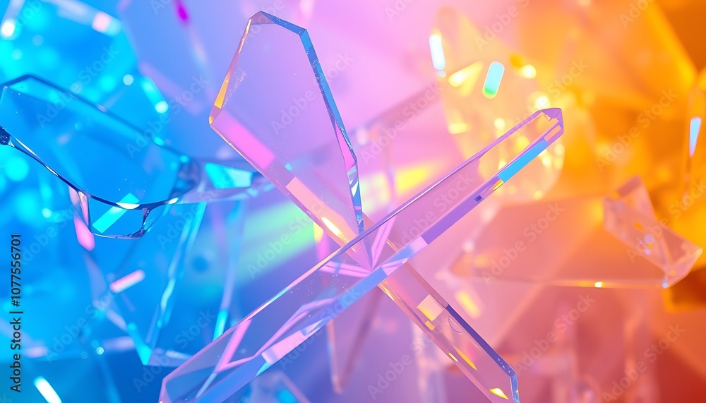 Sharp, transparent shards refract beams of multicolored light, creating a dynamic interplay between glass-like shapes and glowing highlights. The colors shift between soft pastels and bold neons. Sharp, transparent shards refract beams of multicolored light, creating a dynamic interplay between glass-like shapes and glowing highlights. The colors shift between soft pastels and bold neons.