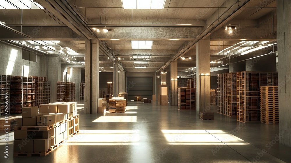 Empty Industrial Warehouse with Pallets and Cardboard Boxes Empty Industrial Warehouse with Pallets and Cardboard Boxes