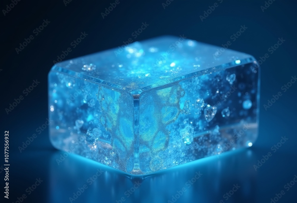 A glowing ice cube illuminated in blue light on a dark reflective surface, showcasing intricate details and bubbles inside A glowing ice cube illuminated in blue light on a dark reflective surface, showcasing intricate details and bubbles inside