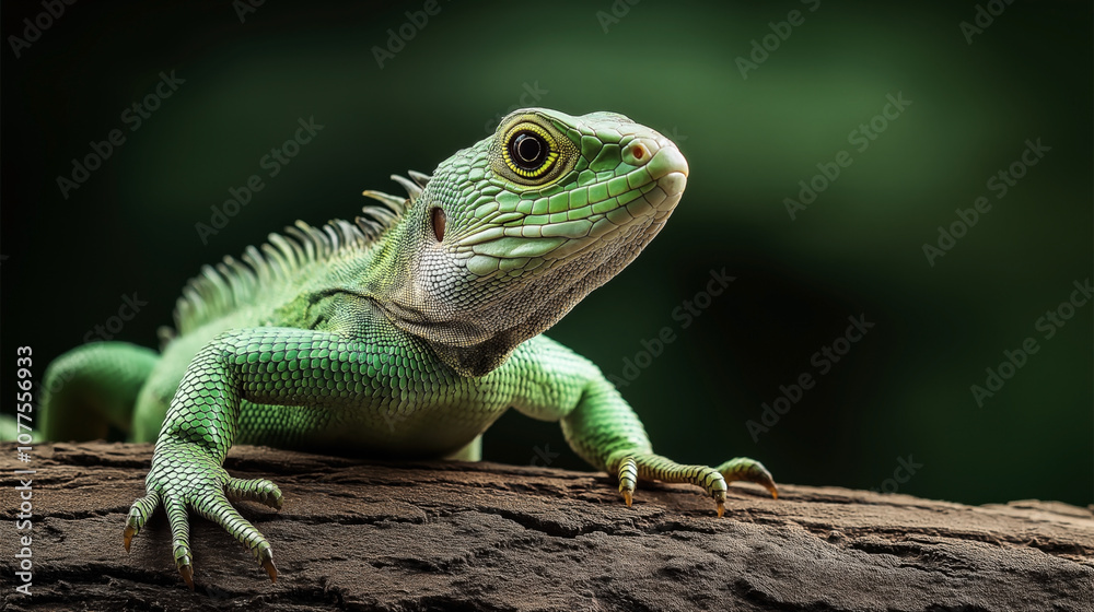 Close-up of a green iguana perched on a tree branch with detailed scaly skin and a blurred natural background. Close-up of a green iguana perched on a tree branch with detailed scaly skin and a blurred natural background.