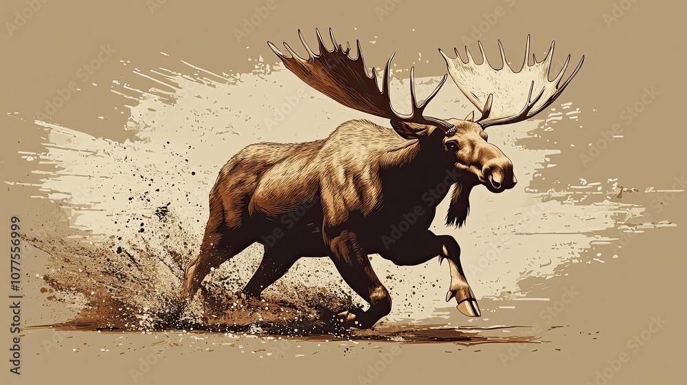 A Moose Running Through Water and Mud with Antlers Spread Wide