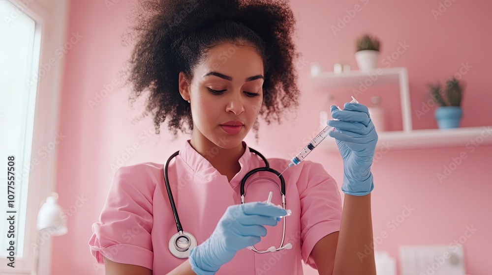 A young woman medical professional preparing a syringe for injection. A young woman medical professional preparing a syringe for injection.