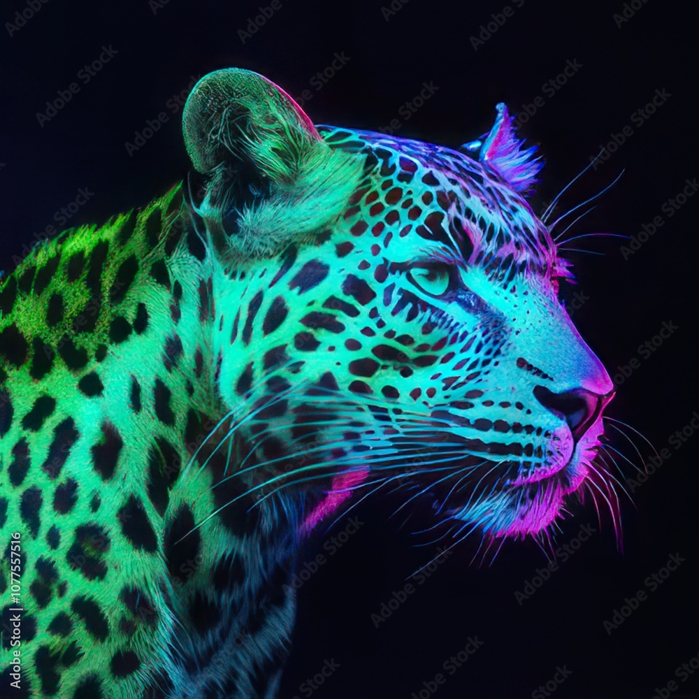 A neon green and purple leopard portrait against a black background. A neon green and purple leopard portrait against a black background.