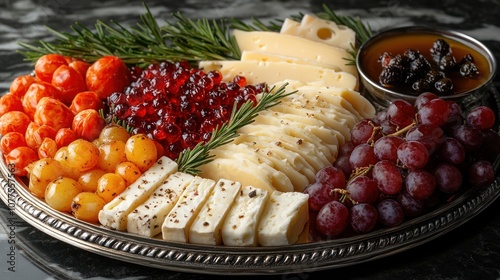 A silver platter with a selection of gourmet cheeses, red and yellow grapes, caviar, and a small bowl of raisins.