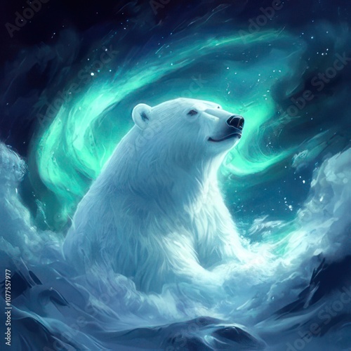 A polar bear stands amidst a swirling aurora borealis in a snowy landscape.