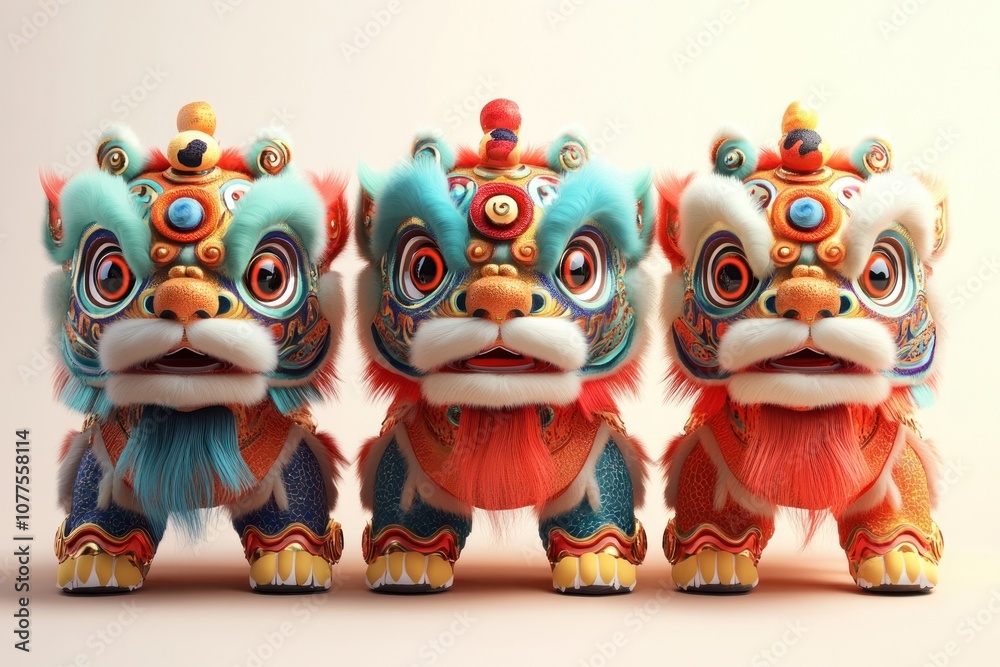 Three colorful Chinese lion dance costumes stand in a row against a white background. Three colorful Chinese lion dance costumes stand in a row against a white background.