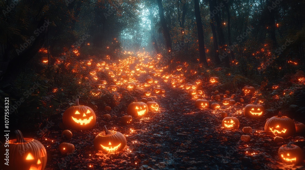 A spooky forest path illuminated by glowing jack-o'-lanterns. A spooky forest path illuminated by glowing jack-o'-lanterns.