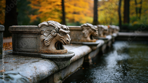 Stone lion head water spouts on a decorative fountain edge in a park during autumn, surrounded by blurred fall foliage and trees in the background. photo