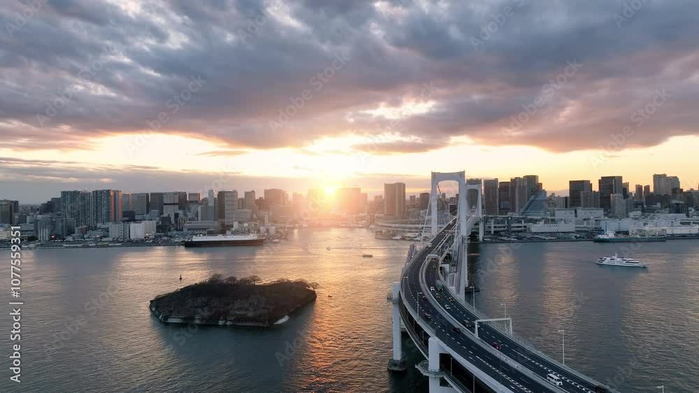 Aerial view of tokyo suspension bridge in the capital of Japan, Rainbow bridge in Odaiba, And the busy traffic.And sunset sky Aerial view of tokyo suspension bridge in the capital of Japan, Rainbow bridge in Odaiba, And the busy traffic.And sunset sky