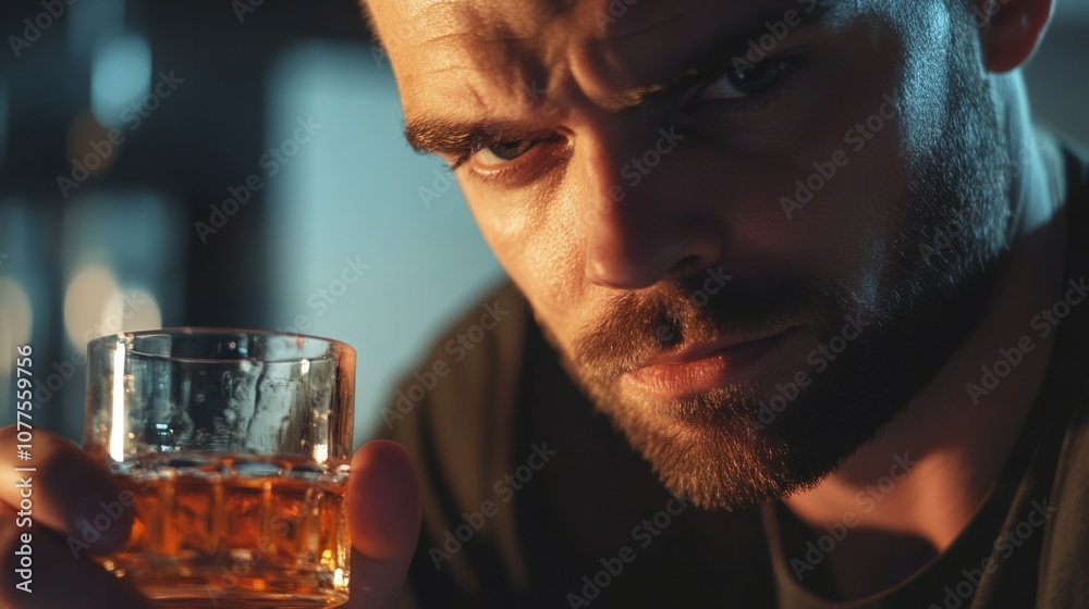 Close-up of tired man holding glass of whiskey, blurred background generative ai