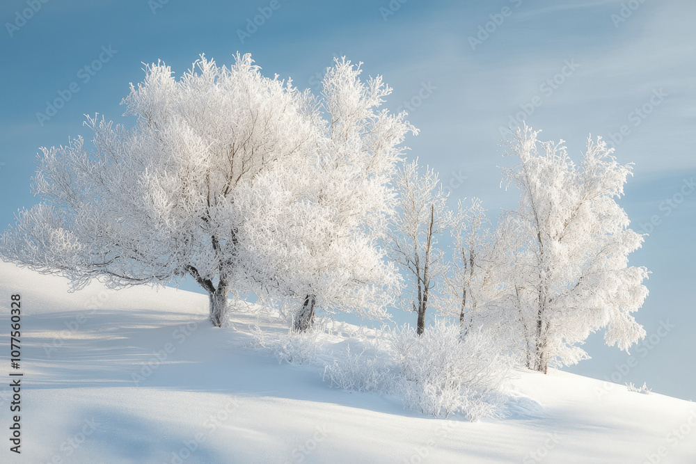 Serene winter landscape with snow-covered trees against a clear blue sky, evoking a sense of calm and tranquility in a pristine, frosty setting. Serene winter landscape with snow-covered trees against a clear blue sky, evoking a sense of calm and tranquility in a pristine, frosty setting.