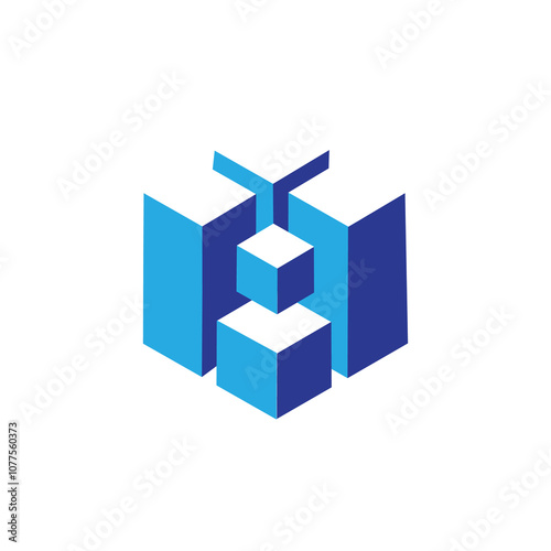 This design is an abstract 3D building block logo in hexagonal shape in blue color