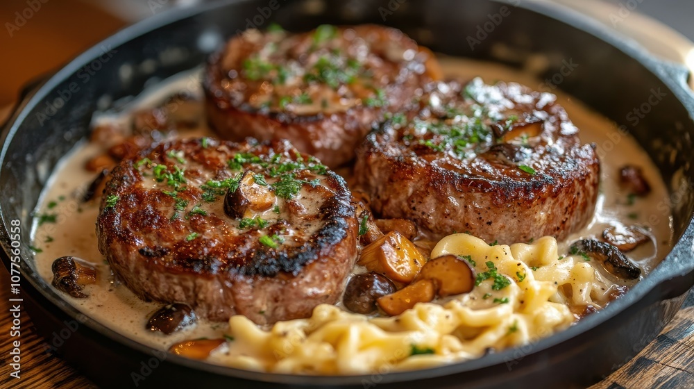 Three succulent steaks in a creamy sauce. This photo showcases a delicious meal perfect for advertising restaurants or food blogs. Three succulent steaks in a creamy sauce. This photo showcases a delicious meal perfect for advertising restaurants or food blogs.