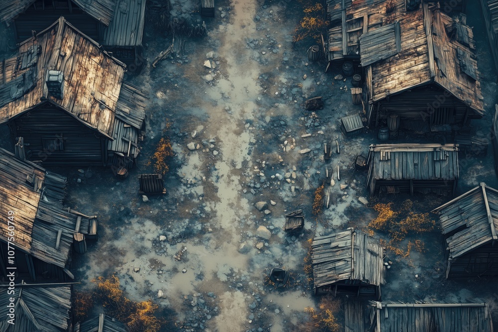 Obraz premium Village Street Urban Townscape Tabletop Village RPG Map, Fantasy Roleplaying Outdoor Dungeon Exterior Battlemap, Adventure Games Encounters, Gaming Art Design, TTRPG Buildings Architecture Concept