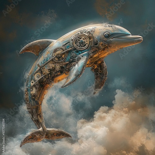 A steampunk dolphin leaps through the clouds, its body crafted from intricate gears and mechanisms. photo