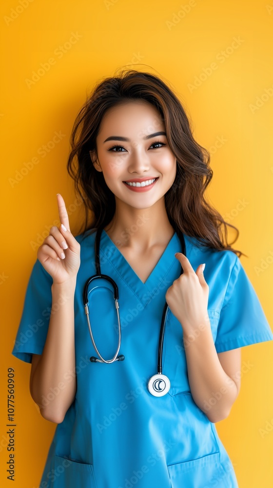 Smiling Asian Nurse with Finger Raised in a Confident Gesture, Yellow Background, Healthcare Professional Smiling Asian Nurse with Finger Raised in a Confident Gesture, Yellow Background, Healthcare Professional