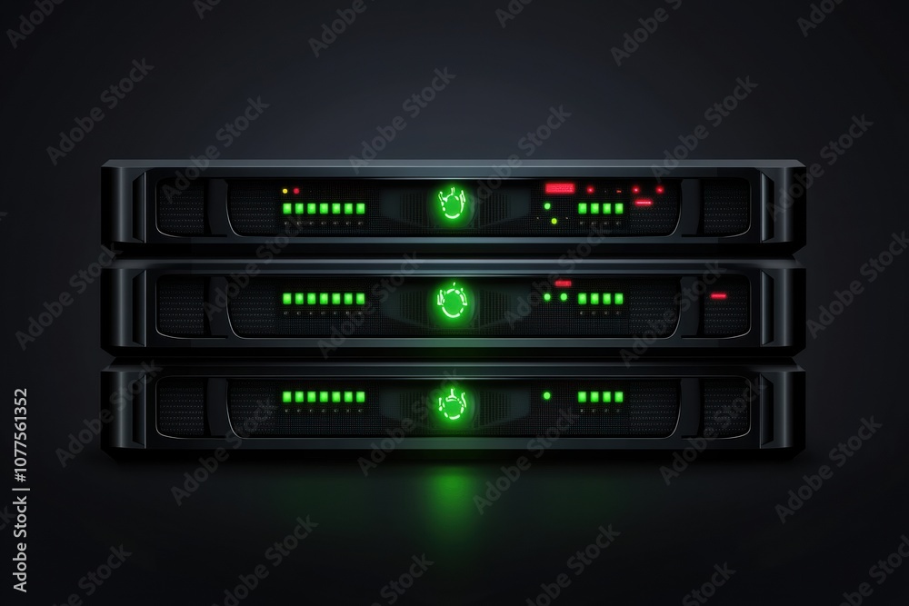 Three servers display blinking green indicators against a dark backdrop, illustrating active data processing and connectivity in technology. Generative AI Three servers display blinking green indicators against a dark backdrop, illustrating active data processing and connectivity in technology. Generative AI