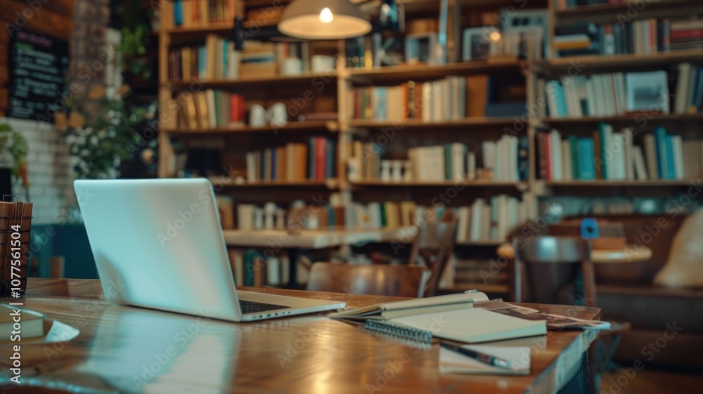 Cozy library workspace with laptop and books for creative inspiration Cozy library workspace with laptop and books for creative inspiration