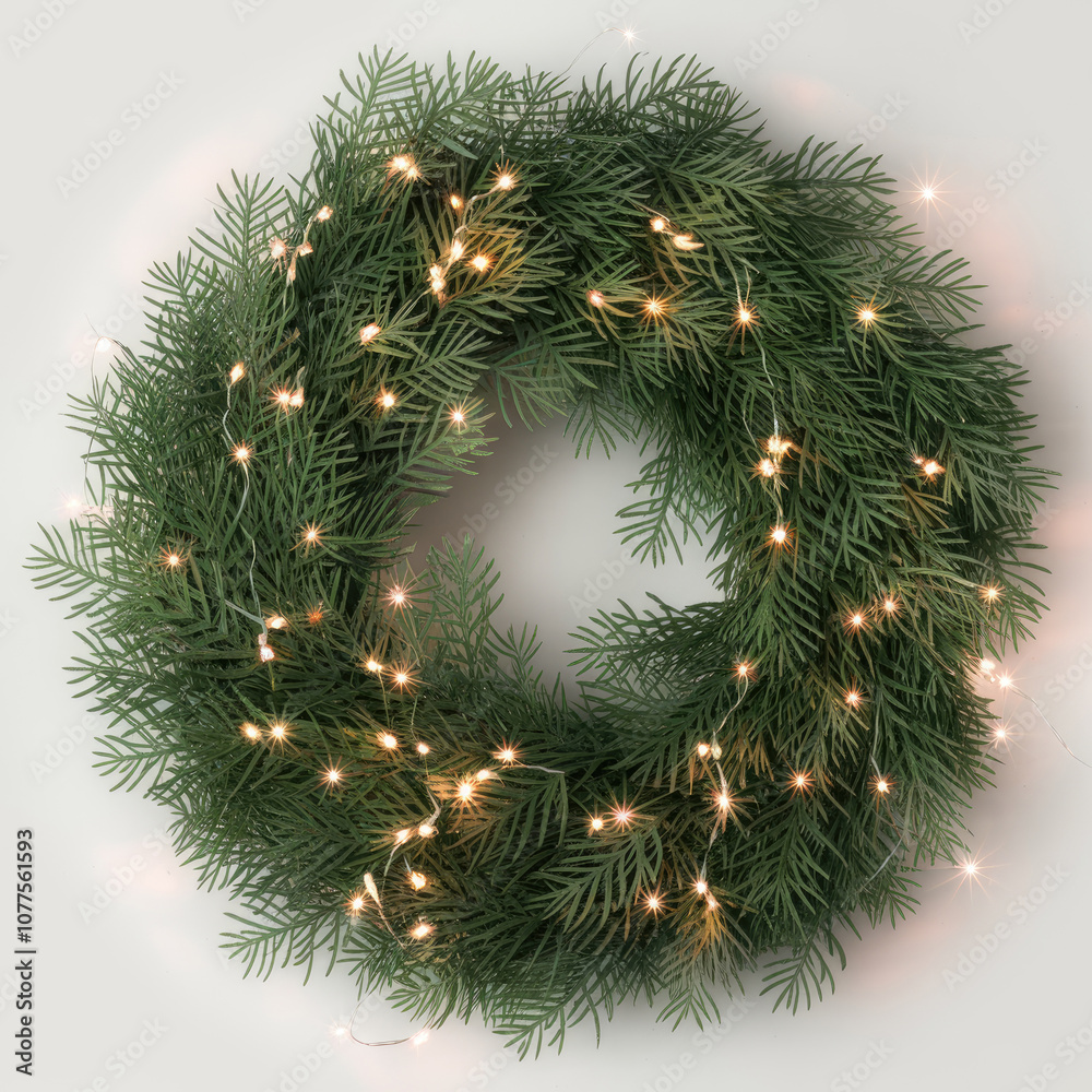 A wreath with lights on it. The wreath is green and has a star shape. The lights are on and shining brightly