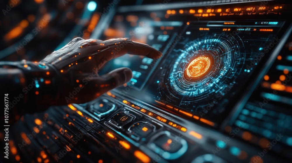 Futuristic interface with hand interacting with digital display. Futuristic interface with hand interacting with digital display.