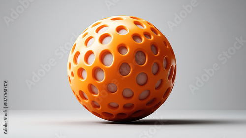 Abstract 3D of an orange spherical object with circular cutouts on a gray background.