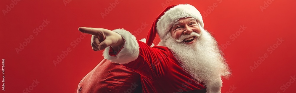 Santa Claus on a background with a copy space pointing his index finger forward Santa Claus on a background with a copy space pointing his index finger forward