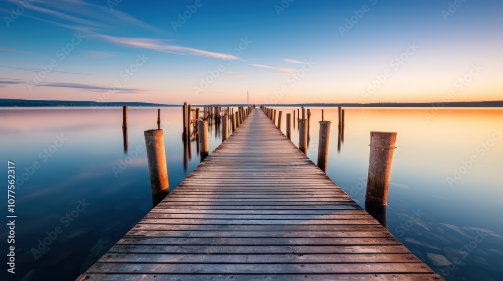 Wooden Dock Extending into Tranquil Water at Sunset Wooden Dock Extending into Tranquil Water at Sunset