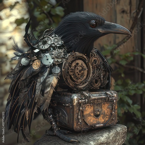 A steampunk raven with intricate clockwork details and a vintage suitcase, perched on a stone wall. photo