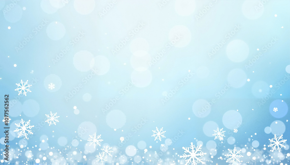Light blue background with snowflakes and bokeh effect for winter decoration Light blue background with snowflakes and bokeh effect for winter decoration