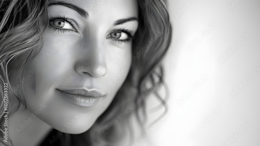 Naklejka premium Serenity Captured: Close-Up black and white Shot of a Woman with a Calming Expression Against a White Background