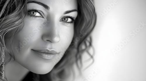 Serenity Captured: Close-Up black and white Shot of a Woman with a Calming Expression Against a White Background