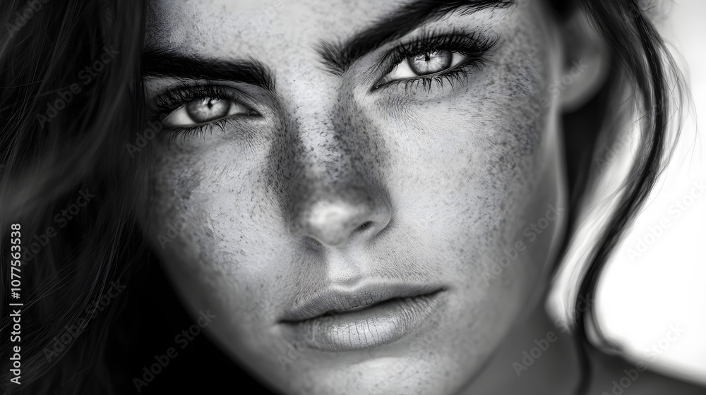Serenity Captured: Close-Up black and white Shot of a Woman with a Calming Expression Against a White Background