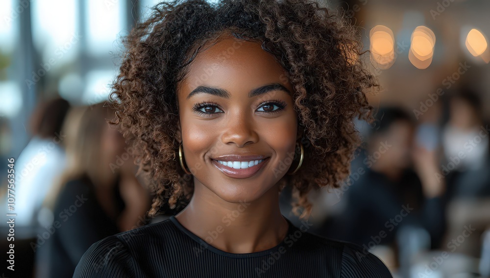 A Black woman with curly hair smiles at the camera while sitting in front of her team during an office meetin A Black woman with curly hair smiles at the camera while sitting in front of her team during an office meetin